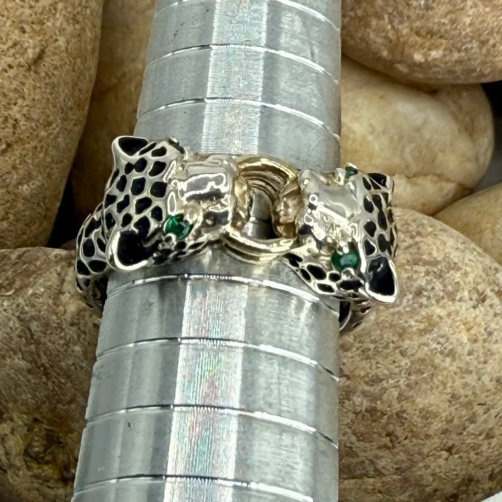 JED Joseph DeMarco Double Panther Ring 925 Sterling Genuine Emerald Eyes Sz 8 - Picture 13 of 16